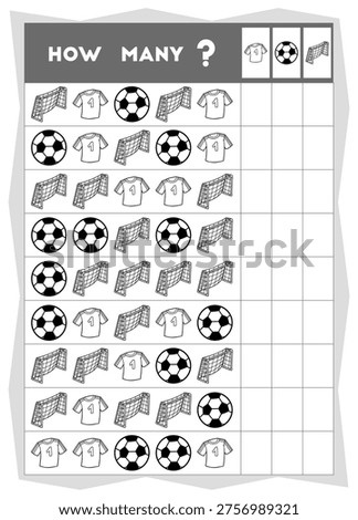 Counting educational game for children. Count how many Football objects in each row and write the result! Black and white outline contour sport coloring page for preschool kids