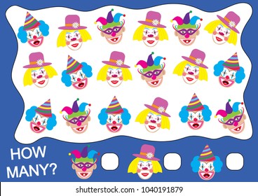 Counting educational game for children. How many clowns, Mathematic game