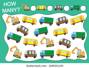 Das Zählen von Lernspielen für Kinder. Wie viele Autos (Transporte)? Mathematik