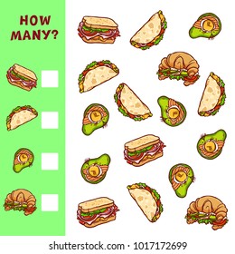 Counting educational game for children. Vector mathematical activity with food illustrations.