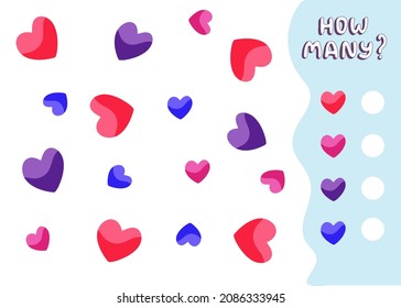 Counting educational game for preschool kids. Math children activity sheet. Count how many hearts there are and write down the result. Vector illustration 
