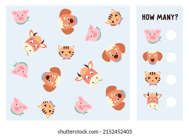 Counting educational game for preschool kids. Math children activity sheet. Count how many cute animals there are and write down the result. Vector illustration 
