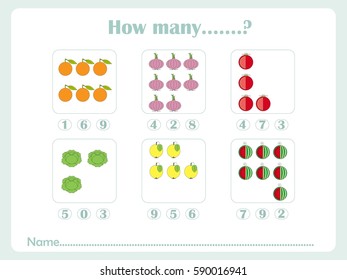 Counting educational games kids, kids activity sheet. How many task objects. Learning math, numbers, addition themes, stock vector illustration