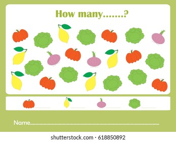 Counting educational games kids, kids activity sheet. How many task objects. Learning math, numbers, addition themes, stock vector illustration