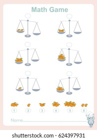 Counting educational games kids, kids activity sheet, math game. Complete the mathematical equation, choose. Learning math, numbers, stock vector illustration