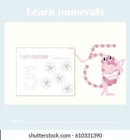 Counting educational, kids activity sheet. Learning numbers 5 stock vector illustration