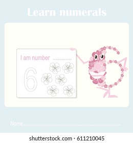 Counting educational, kids activity sheet. Learning numbers 6 stock vector illustration