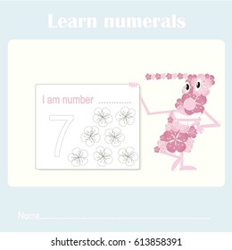 Counting educational, kids activity sheet. Learning numbers 7 stock vector illustration
