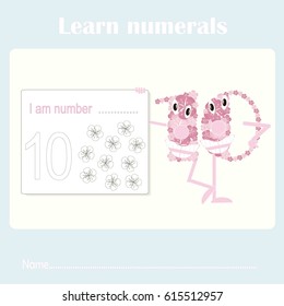 Counting educational, kids activity sheet. Learning numbers 10 stock vector illustration