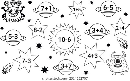 Counting educational kids game, activity sheet for kids math. How many objects task. Vector illustration of monsters, space, planets. Vector illustration eps 10