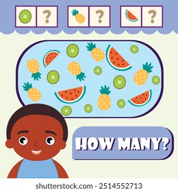 Counting educational kids game, activity sheet for kids in math. How many objects task. Vector illustration dark-skinned boy, fruits: watermelon, kiwi, pineapple. Vector illustration eps 10