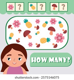 Counting educational kids game, activity sheet for kids in math. How many objects task. Vector illustration of flowers with blonde girl. Vector illustration eps 10