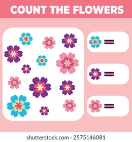 Counting educational kids game, activity sheet for kids in math. How many objects task. Vector illustration of flowers with blonde girl. Vector illustration eps 10