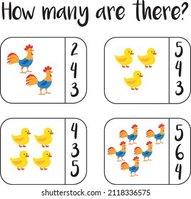 Counting educational math children game, kids activity worksheet. How many objects task. Learning mathematics, numbers, addition theme. Printable worksheet.