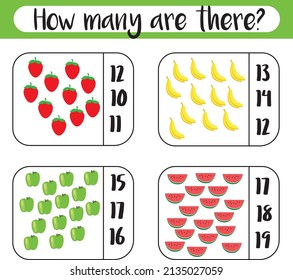 Counting educational math children game, kids activity worksheet. How many objects task. Learning mathematics, numbers, addition theme. Printable worksheet.	