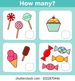 Counting educational math game for preschool children. Count how many sweets objects. Vector illustration