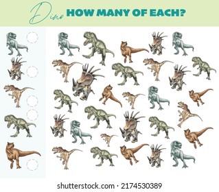 Counting educational math games for kids, worksheet for kids. Collect objects in a task. Learning mathematics, numbers, addition. Worksheet for printing. Children's educational games. Dino.