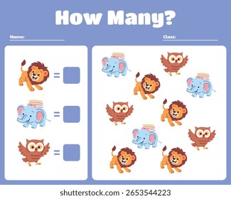 Counting exercise worksheet for kids animal version