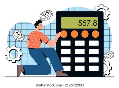 Concepto de financiación de cuentas. Hombre con una calculadora grande analiza ingresos y gastos, presupuesto y ahorros. Alfabetización financiera y economía. Contador o analista. Dibujo vectorial plano de dibujos animados