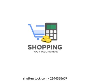Counting finances using calculator, shop logo design. Shop cart vector design and illustration.