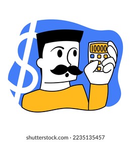 Cuenta de finanzas. Ilustración vectorial. Diseño artístico con el recuento de empleados en calculadora, empresa de crecimiento y dinero personal. Concepto de negocio, finanzas, desarrollo de la empresa, profesional