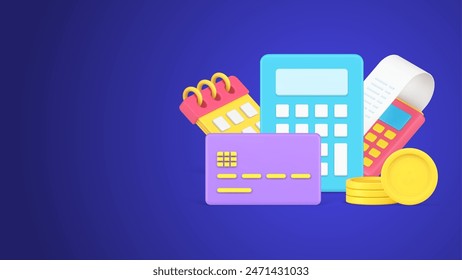 Counting financial payment at calendar day monthly regular finance commitment with POS terminal receipt 3d icon vector illustration. Calculating mortgage or credit banking with debit card and coins