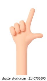 Counting with fingers. Hand gesture number two. Thumb and forefinger are unclenched and raised up. Pointing gesture. 3D cartoon friendly funny style. Isolation on white. 3d vector illustration