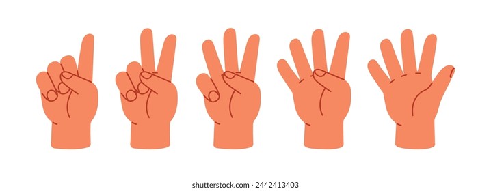 Counting with fingers. Hand gesturing, arm showing one, two, three, four and five numbers, digits. Countdown, score, elementary math learning. Flat vector illustration isolated on white background