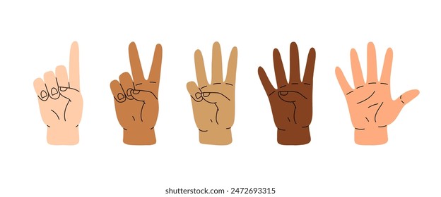 Contando con los dedos. Mano haciendo gestos, brazo mostrando uno, dos, tres, cuatro y cinco números, dígitos. Cuenta regresiva, puntaje, aprendizaje de matemáticas elementales. Ilustración vectorial plana aislada sobre fondo blanco