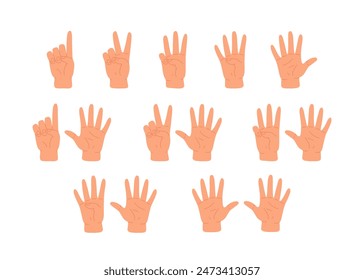 Counting with fingers. Hand gesturing, arm showing one, two, three, four and five numbers, digits. Countdown, score, elementary math learning. Flat vector illustration isolated on white background