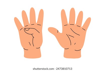 Contando con los dedos. Mano haciendo gestos, brazo mostrando uno, dos, tres, cuatro y cinco números, dígitos. Cuenta regresiva, puntaje, aprendizaje de matemáticas elementales. Ilustración vectorial plana aislada sobre fondo blanco