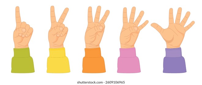 Counting with fingers. Hand gesturing, arm showing one, two, three, four and five numbers, digits. Countdown, score, elementary math learning.