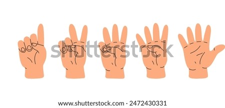 Counting with fingers. Hand gesturing, arm showing one, two, three, four and five numbers, digits. Countdown, score, elementary math learning. Flat vector illustration isolated on white background