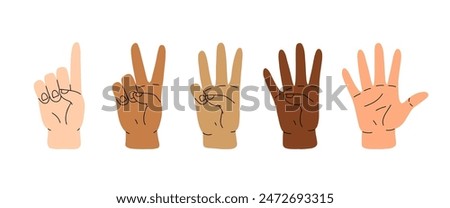 Counting with fingers. Hand gesturing, arm showing one, two, three, four and five numbers, digits. Countdown, score, elementary math learning. Flat vector illustration isolated on white background