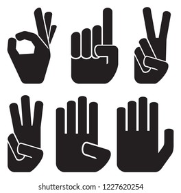 counting fingers icons set - one, two, three, four and five (hands and numbers)