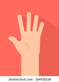 Counting fingers - number five. Hand showing five fingers, high five sign. Communication gestures concept. Vector illustration isolated on colorful background with shadow flat design.