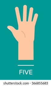 Counting fingers - number five. Hand showing five fingers, high five sign. Communication gestures concept. Vector illustration isolated on colorful background with text flat design.