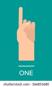 Counting fingers - number one. The index finger pointing up. Communication gestures concept. Vector illustration isolated on colorful background with text flat design.