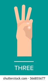 Counting fingers - number three. Hand showing three fingers. Communication gestures concept. Vector illustration isolated on colorful background with text flat design.