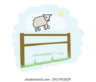 Contando las ovejas esponjosas para quedar dormidas ilustraciones vectoriales. Caricatura de ovejas saltando por encima de la valla. Metáfora del sueño de buenas noches. Hora de la cama. Vida silvestre. Tarjeta de felicitación. Barrera. Grasa. Soñar. Fondo de escritorio.