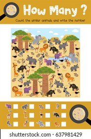 Counting game of african animals for preschool kids activity worksheet layout in A4 colorful printable version. Vector Illustration.