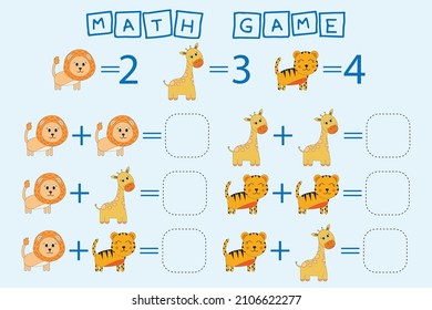 counting game with animals lions, giraffes, tigers . Preschool worksheet, kids activity sheet, printable worksheet
