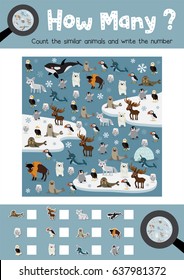 Counting game of arctic animals for preschool kids activity worksheet layout in A4 colorful printable version. Vector Illustration.