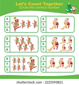 Counting game basic math with Christmas theme for kids. Let’s counting together worksheet. Educational printable math worksheet. Math game for children. Fun math for kids. Kawaii vector illustration