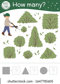 Contando el juego con chicos cortando arbustos. Actividad matemática primaveral para niños preescolares. ¿Cuántos objetos tienen una hoja de cálculo con formas? Dirigido educativo con graciosas fotos