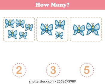 Counting game of butterflies for preschool kids. Printable. Vector Illustration
