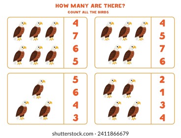 Counting game with cartoon bald eagles. Educational worksheet.