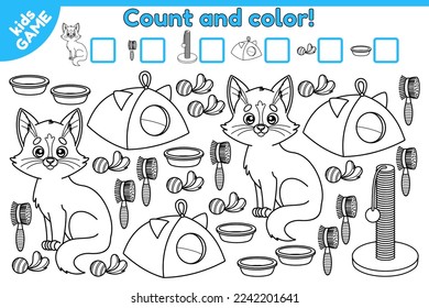 Counting game with cartoon cat and cat accessories for children. Math kids activity sheet. Find, count and color. How many objects task. Vector illustration.