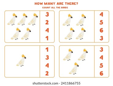 Counting game with cartoon cockatoo bird. Educational worksheet.