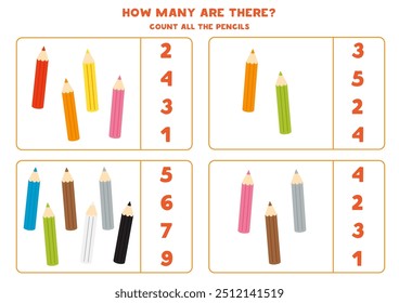 Counting game with cartoon coloured pencils. Educational worksheet.